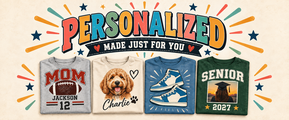 Personalized apparel collection featuring custom sports, pet, sneaker match and senior shirts