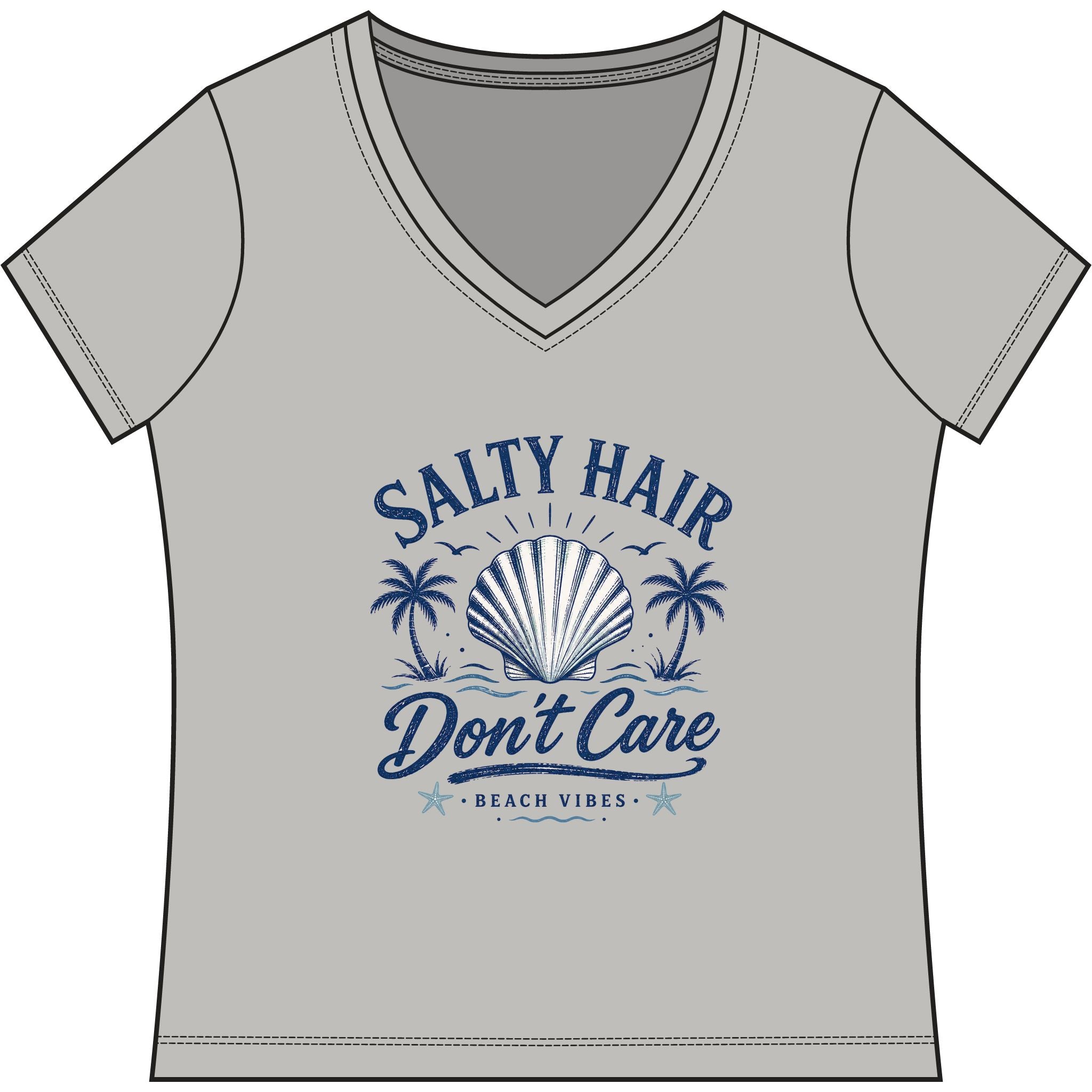 Salty Hair Don't Care V-Neck Tee — Women's Beachy Shell T-Shirt