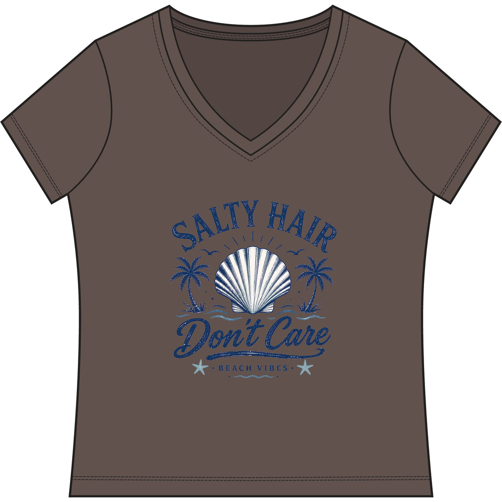Salty Hair Don't Care V-Neck Tee — Women's Beachy Shell T-Shirt