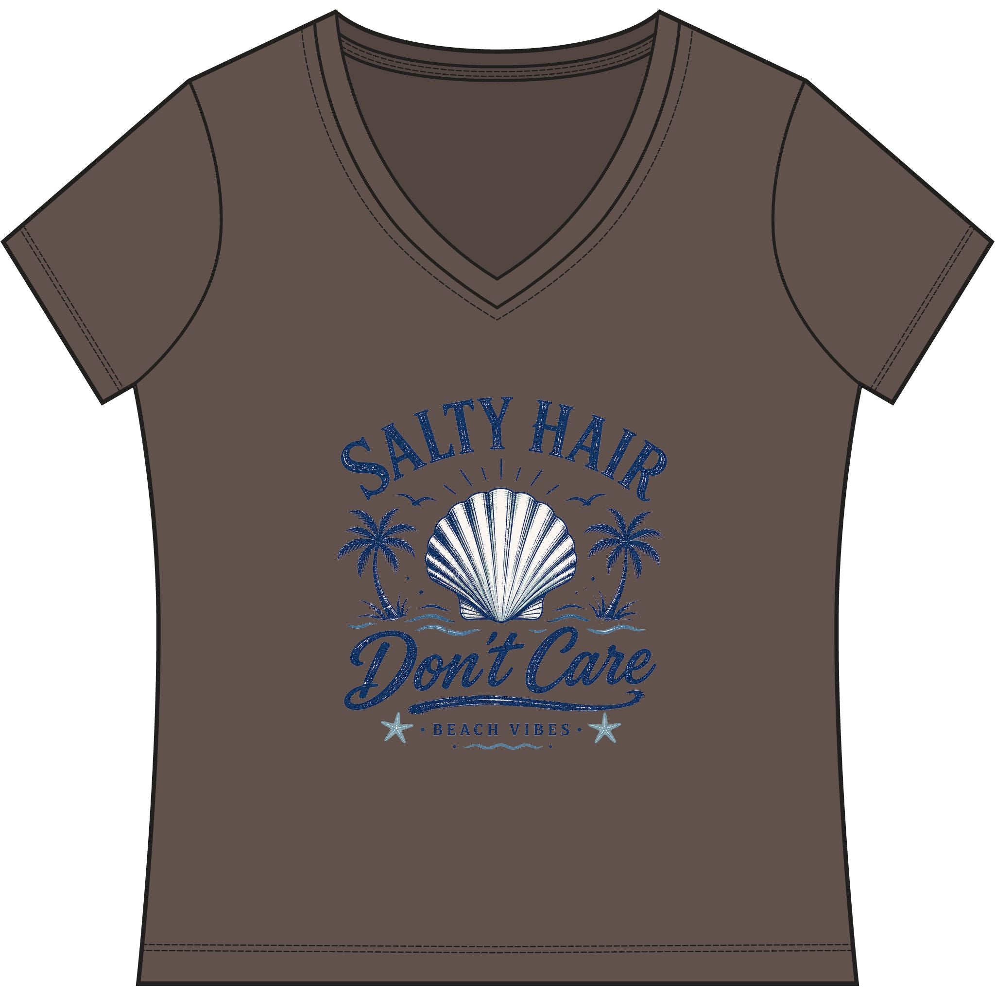 Salty Hair Don't Care V-Neck Tee — Women's Beachy Shell T-Shirt