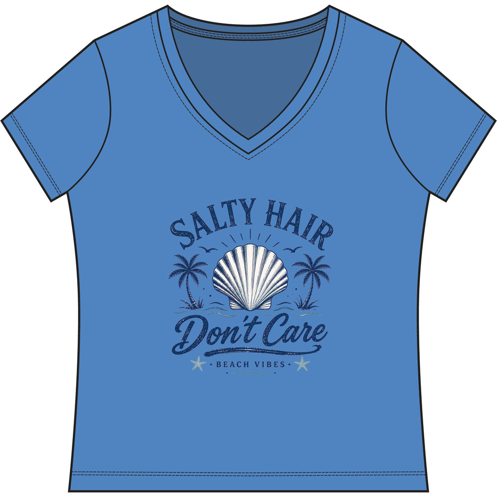 Salty Hair Don't Care V-Neck Tee — Women's Beachy Shell T-Shirt