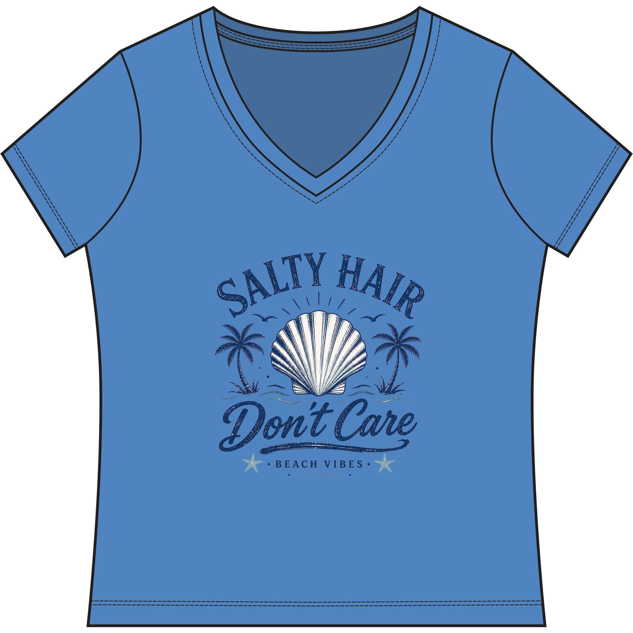 Salty Hair Don't Care V-Neck Tee — Women's Beachy Shell T-Shirt