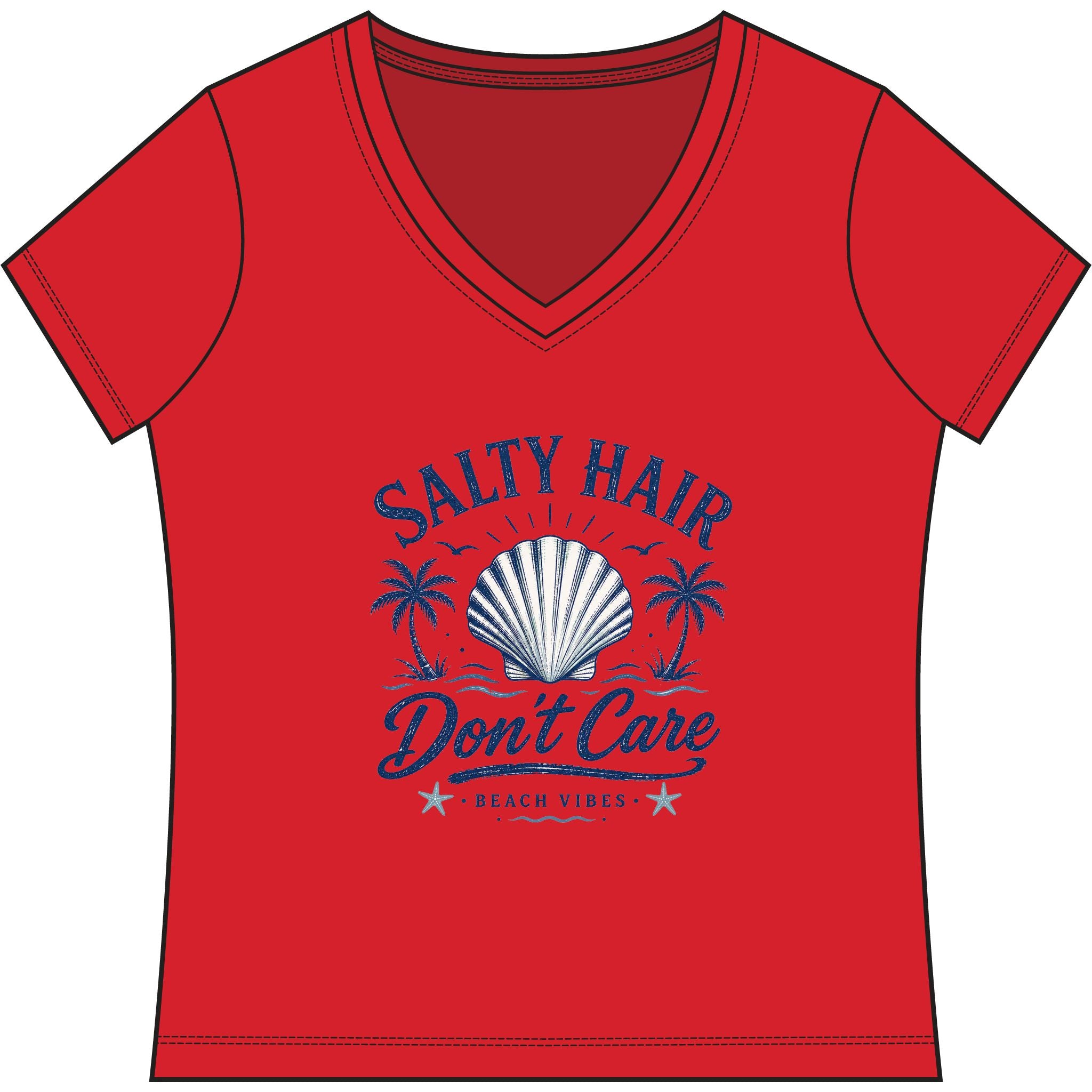 Salty Hair Don't Care V-Neck Tee — Women's Beachy Shell T-Shirt