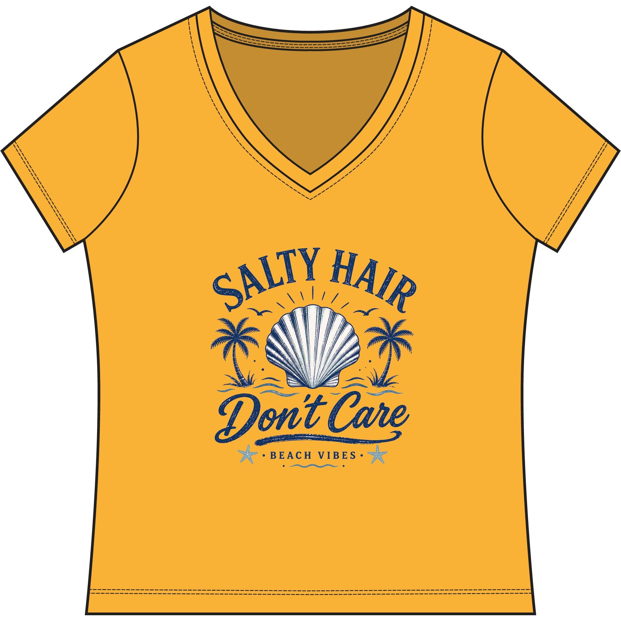 Salty Hair Don't Care V-Neck Tee — Women's Beachy Shell T-Shirt
