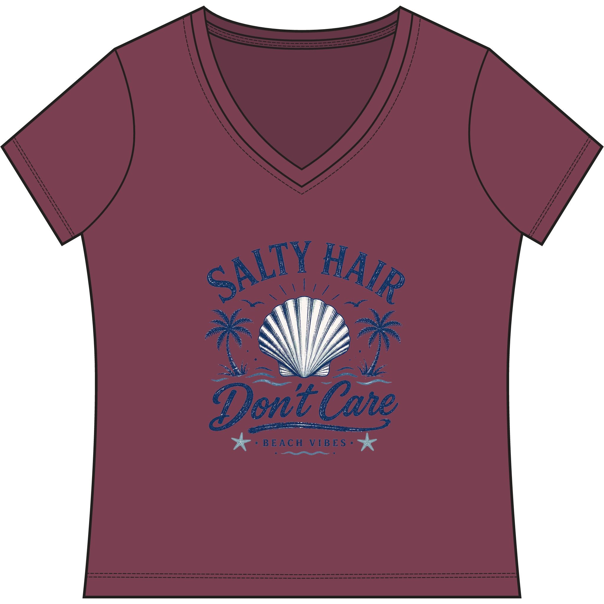 Salty Hair Don't Care V-Neck Tee — Women's Beachy Shell T-Shirt
