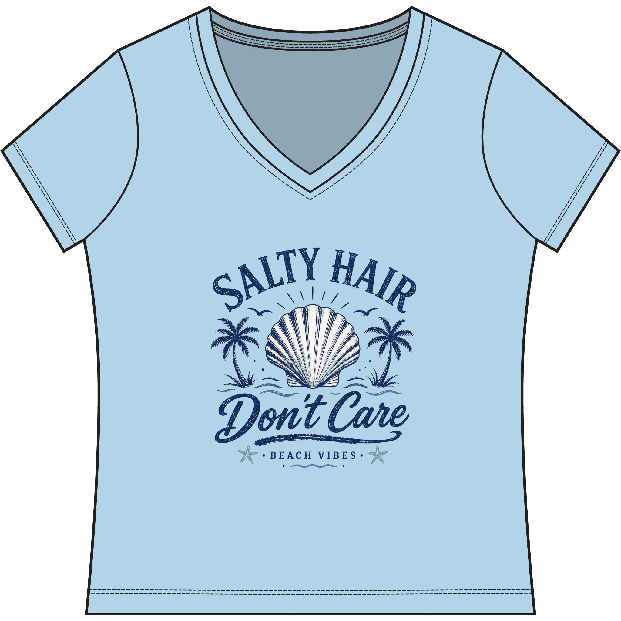 Salty Hair Don't Care V-Neck Tee — Women's Beachy Shell T-Shirt