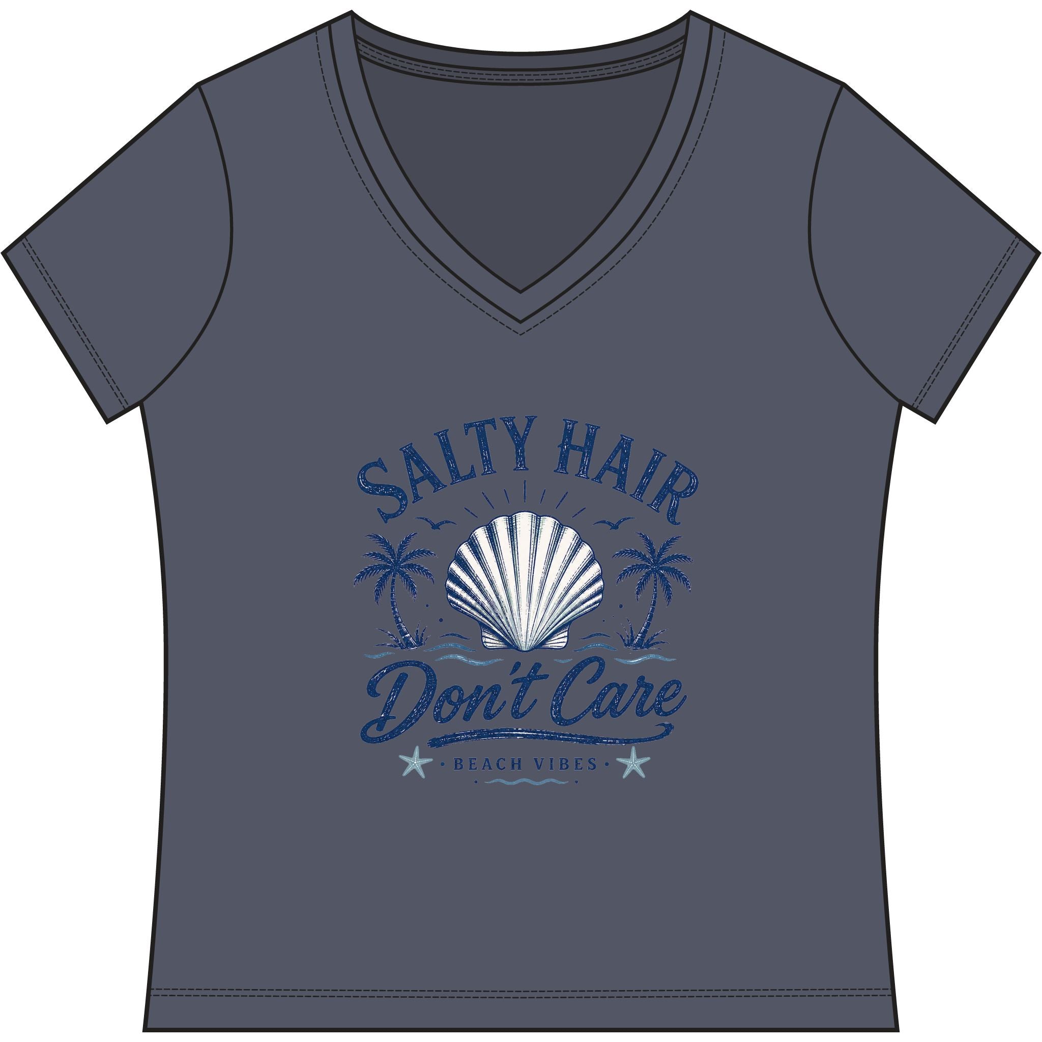 Salty Hair Don't Care V-Neck Tee — Women's Beachy Shell T-Shirt