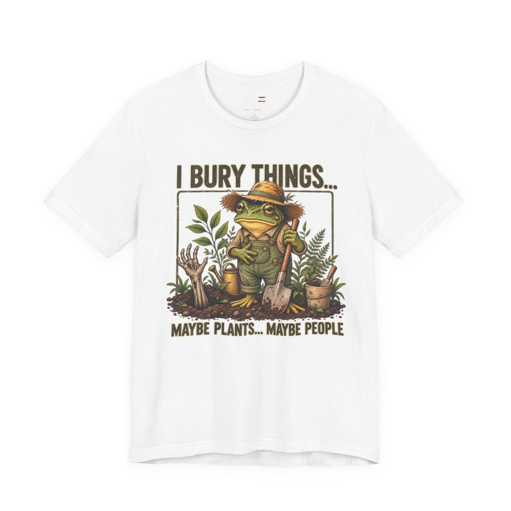 Funny gardener frog dark humor graphic T-shirt