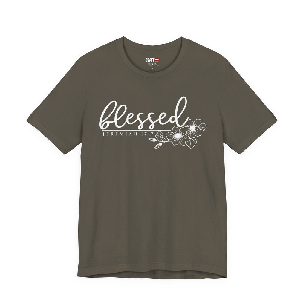 Blessed Floral Tee — 'Blessed' Script T-Shirt with Jeremiah 17:7 Bible Verse