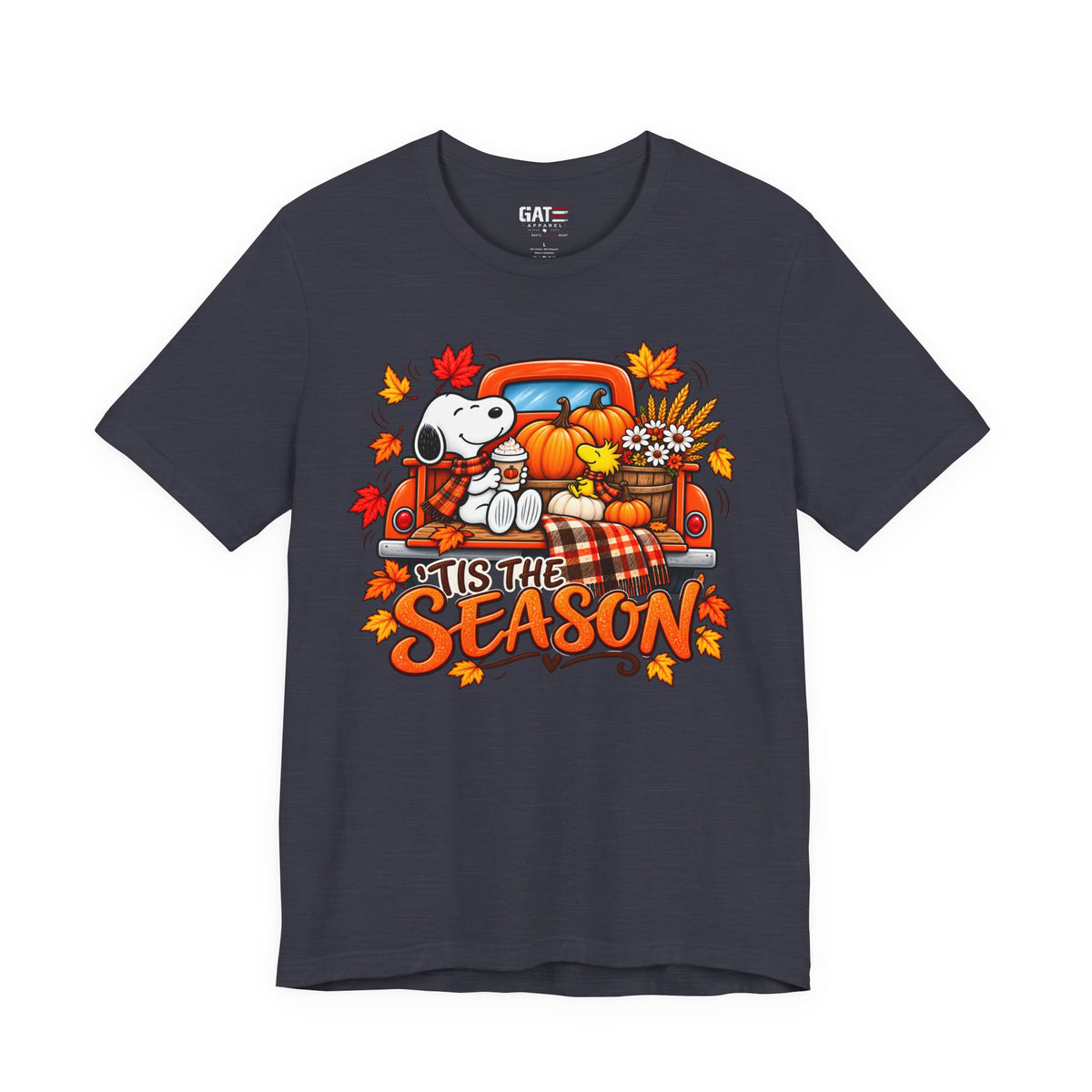 Snoopy pumpkin truck Tis the Season fall graphic T-shirt, dark grey front view