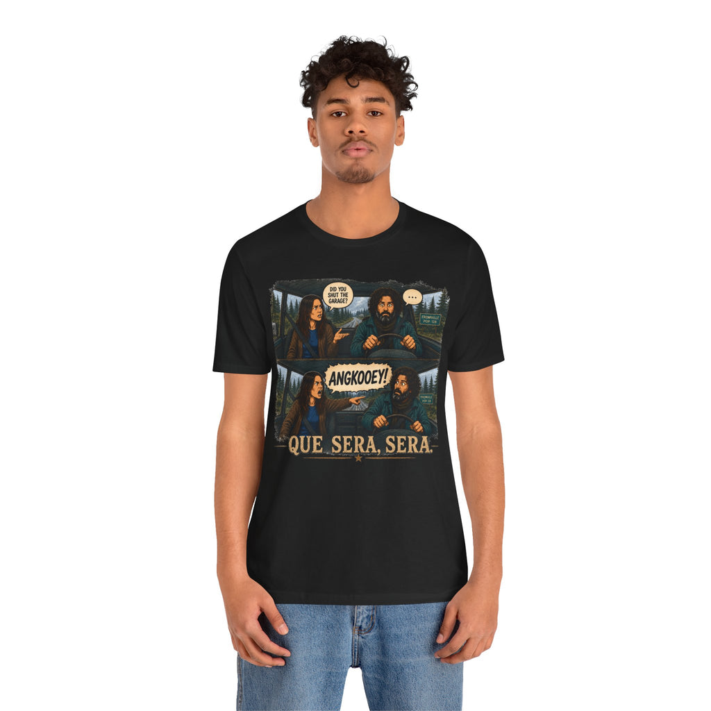 Que Sera Sera Graphic Tee — Retro Comic Forest Movie Quote T-Shirt