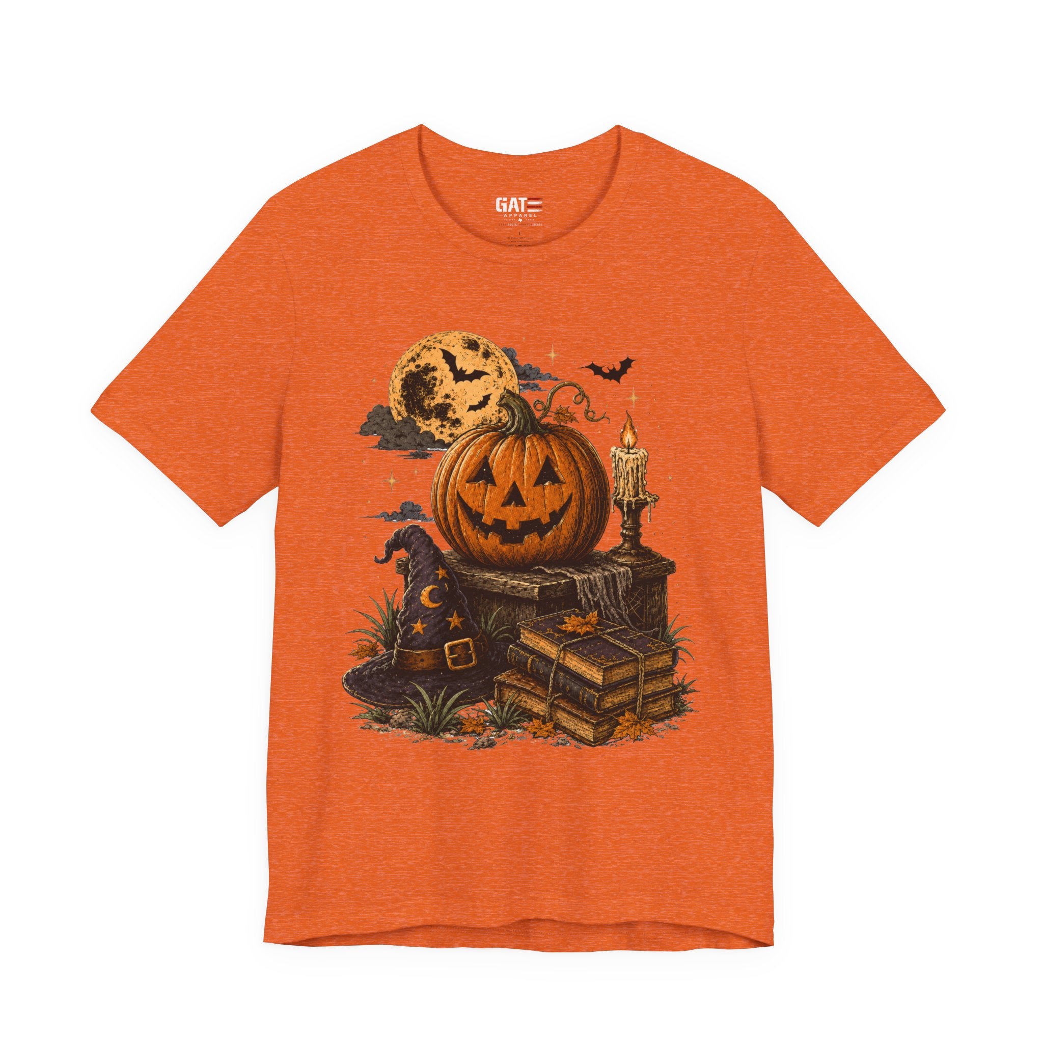 Halloween Pumpkin Stack T‑Shirt — Jack‑O‑Lantern, Books & Moon Graphic Tee