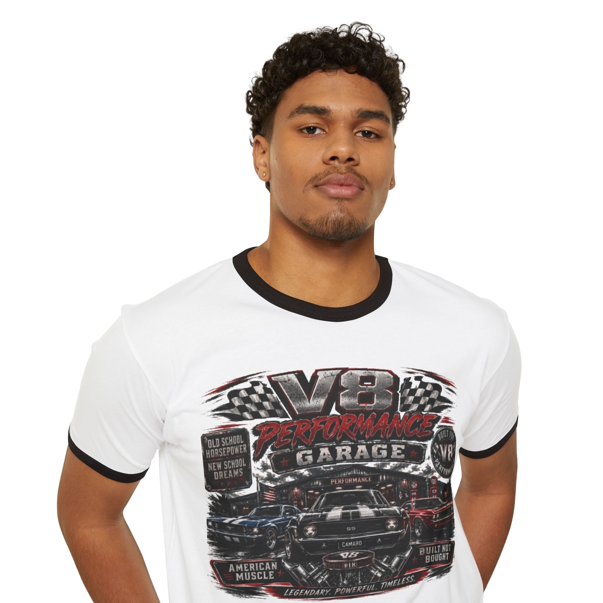 Vintage V8 Garage Ringer Tee – Classic Car Mechanic Shirt