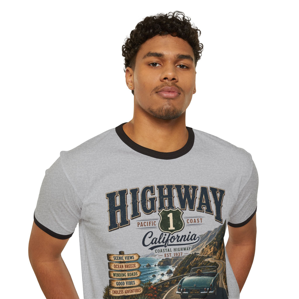 Highway 1 California Ringer T-Shirt — Vintage Coastal Road Trip Graphic Tee