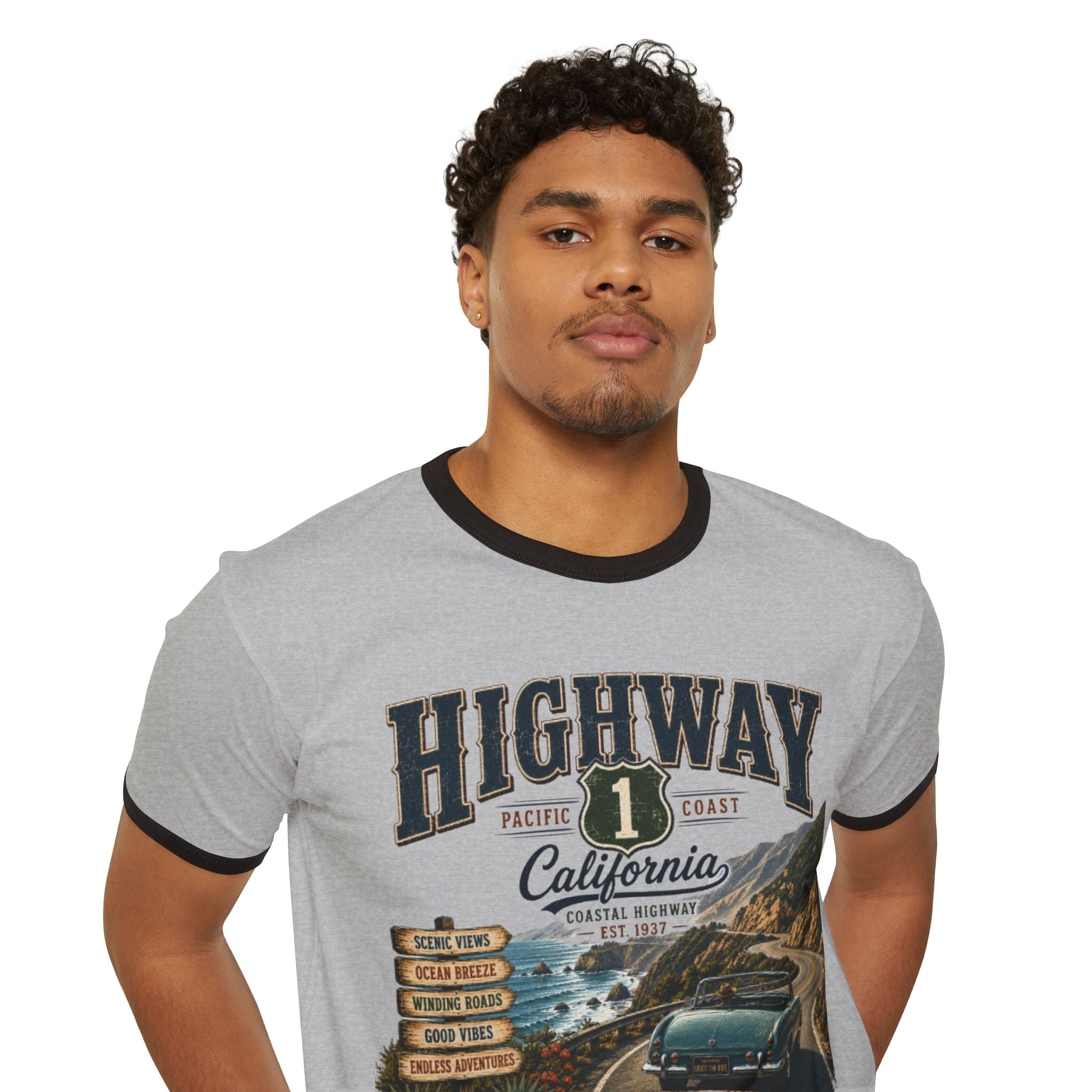 Highway 1 California Ringer T-Shirt — Vintage Coastal Road Trip Graphic Tee