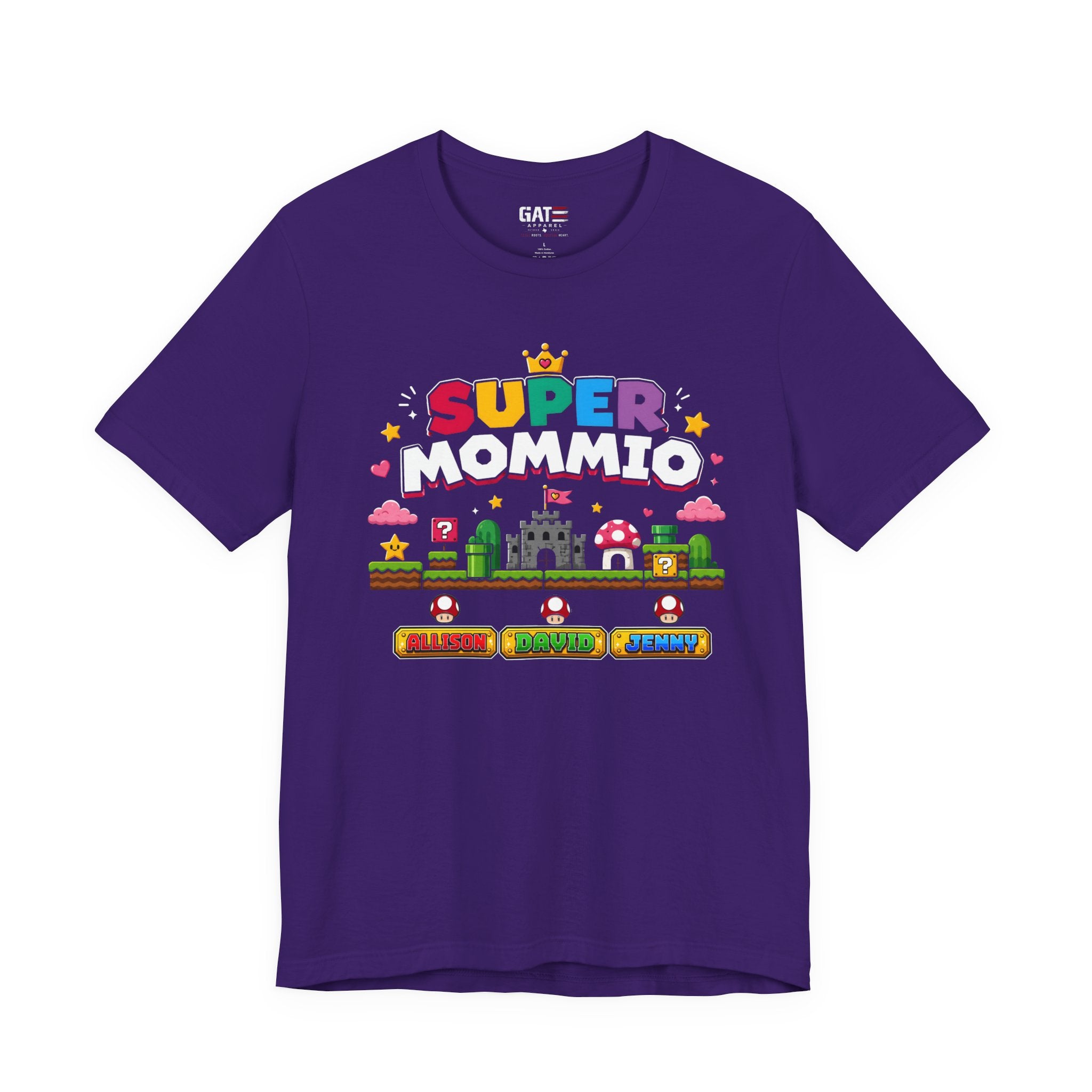 Personalized Super Mommio Shirt, Gamer Mom Shirt with Kids Names, Custom Mother's Day Gift, Retro Video Game Family Tee