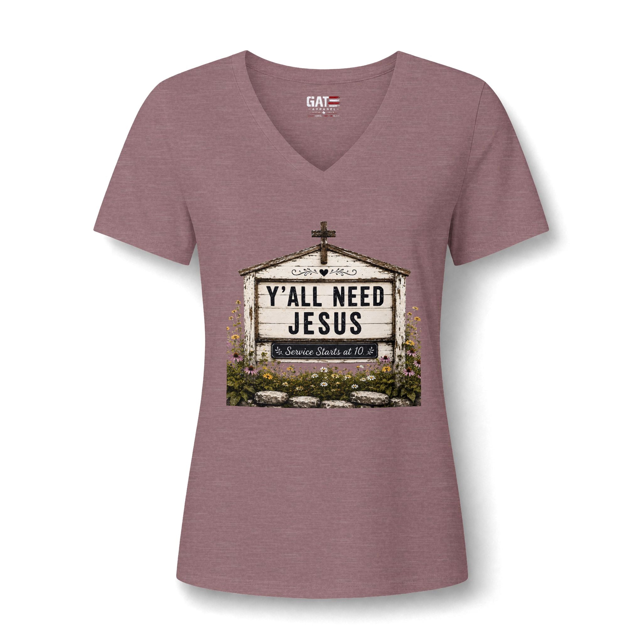Women's V-Neck Tee - 'Y'all Need Jesus' Church Marquee Faith Shirt