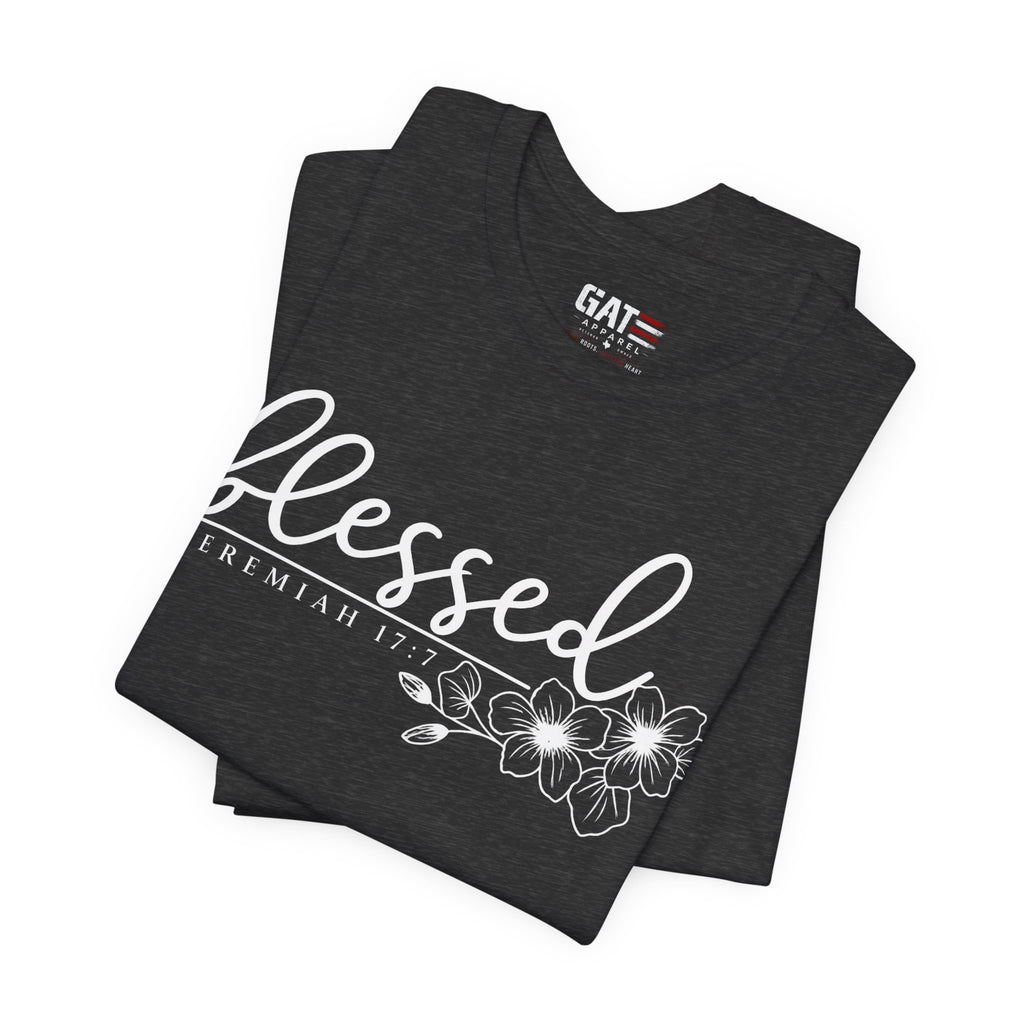 Blessed Floral Tee — 'Blessed' Script T-Shirt with Jeremiah 17:7 Bible Verse