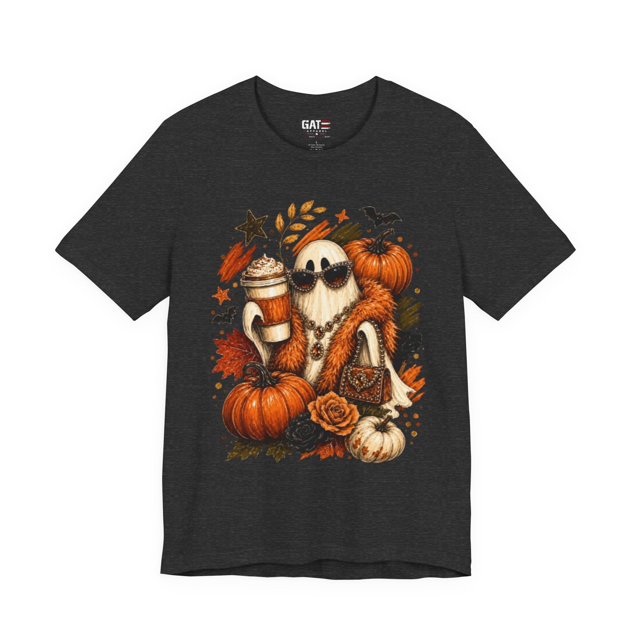Halloween Pumpkin Ghost Tee — Cozy Fall Coffee & Pumpkins Graphic T-Shirt