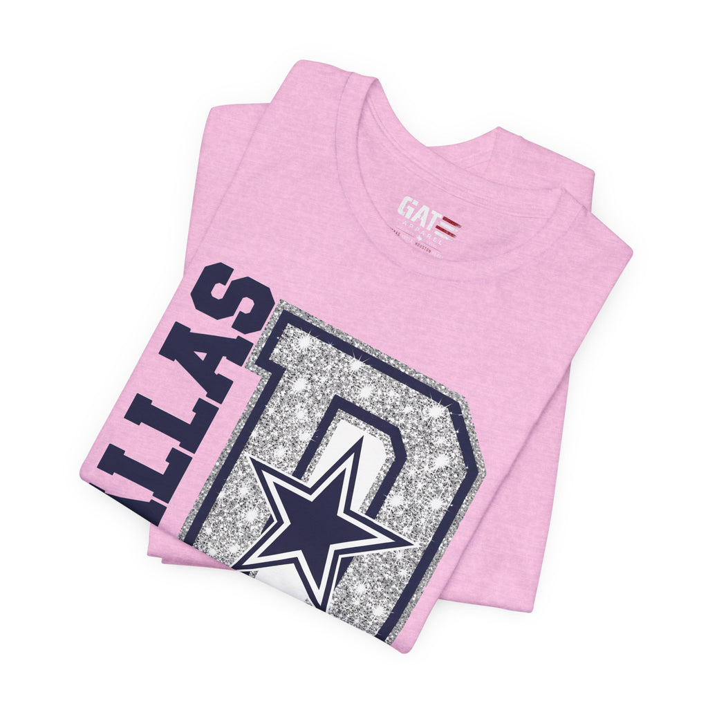 Dallas Football Glitter D Shirt, Blue and Silver Game Day Tee, Western Script Graphic Shirt, Sparkle Fan Apparel
