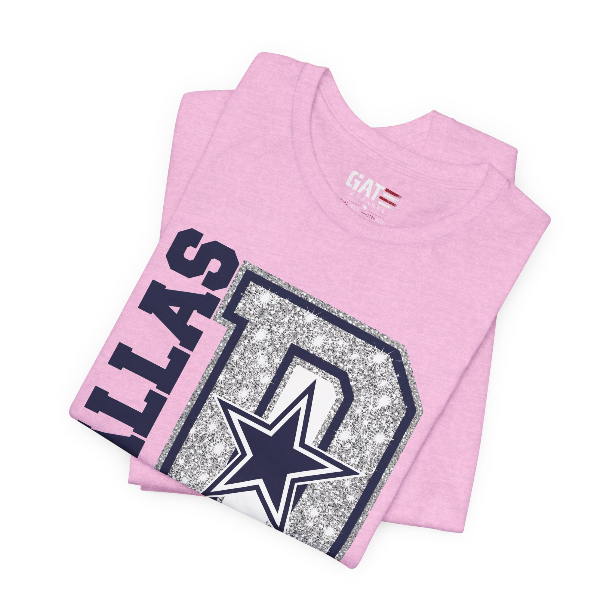 Dallas Football Glitter D Shirt, Blue and Silver Game Day Tee, Western Script Graphic Shirt, Sparkle Fan Apparel