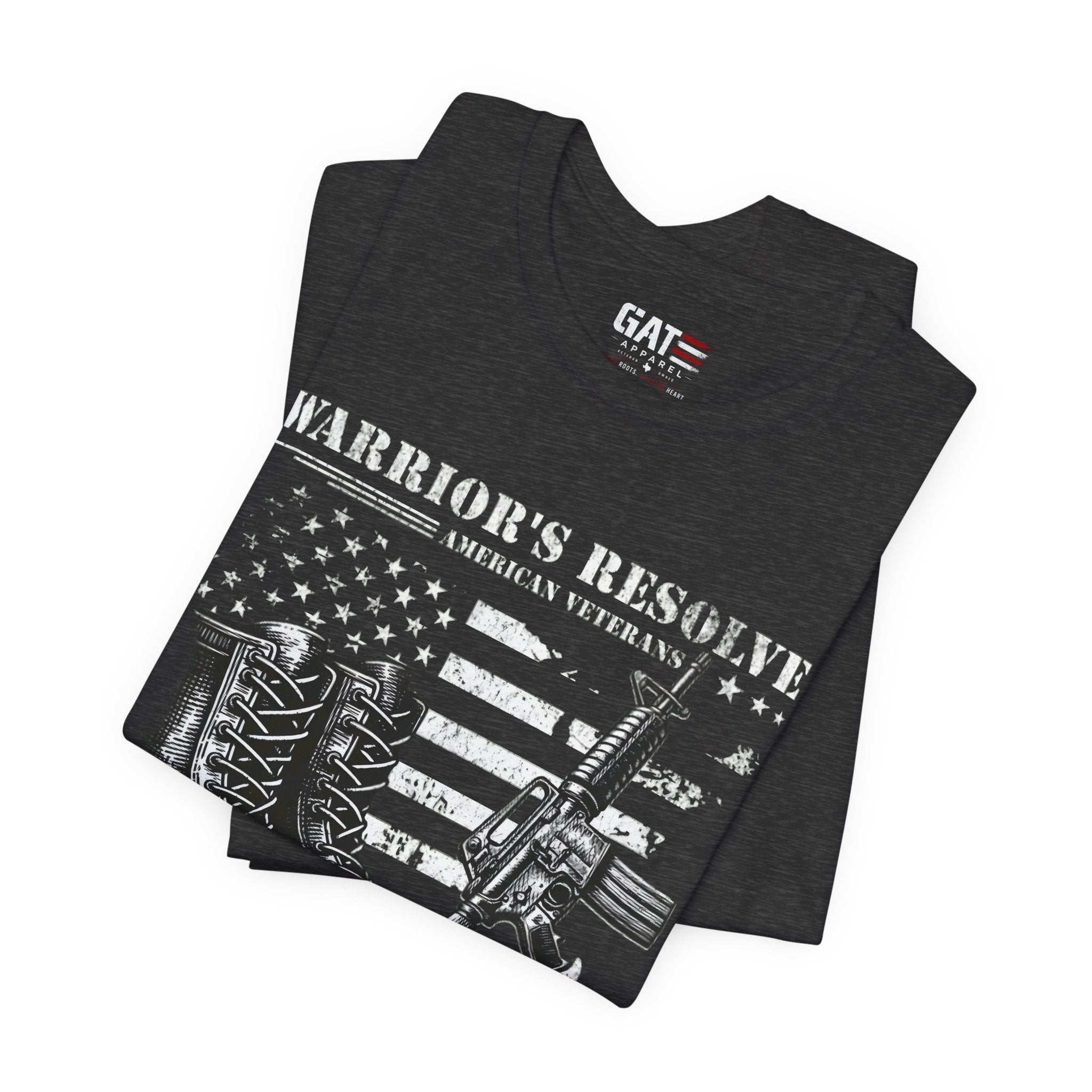 Warrior's Resolve Boots & Flag graphic Tee | Veteran USA Military Shirt