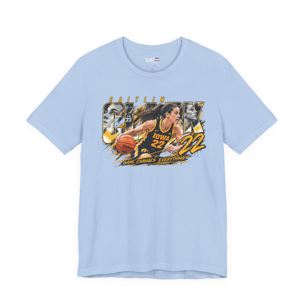 Caitlin Clark basketball player graphic T-shirt, light blue front view