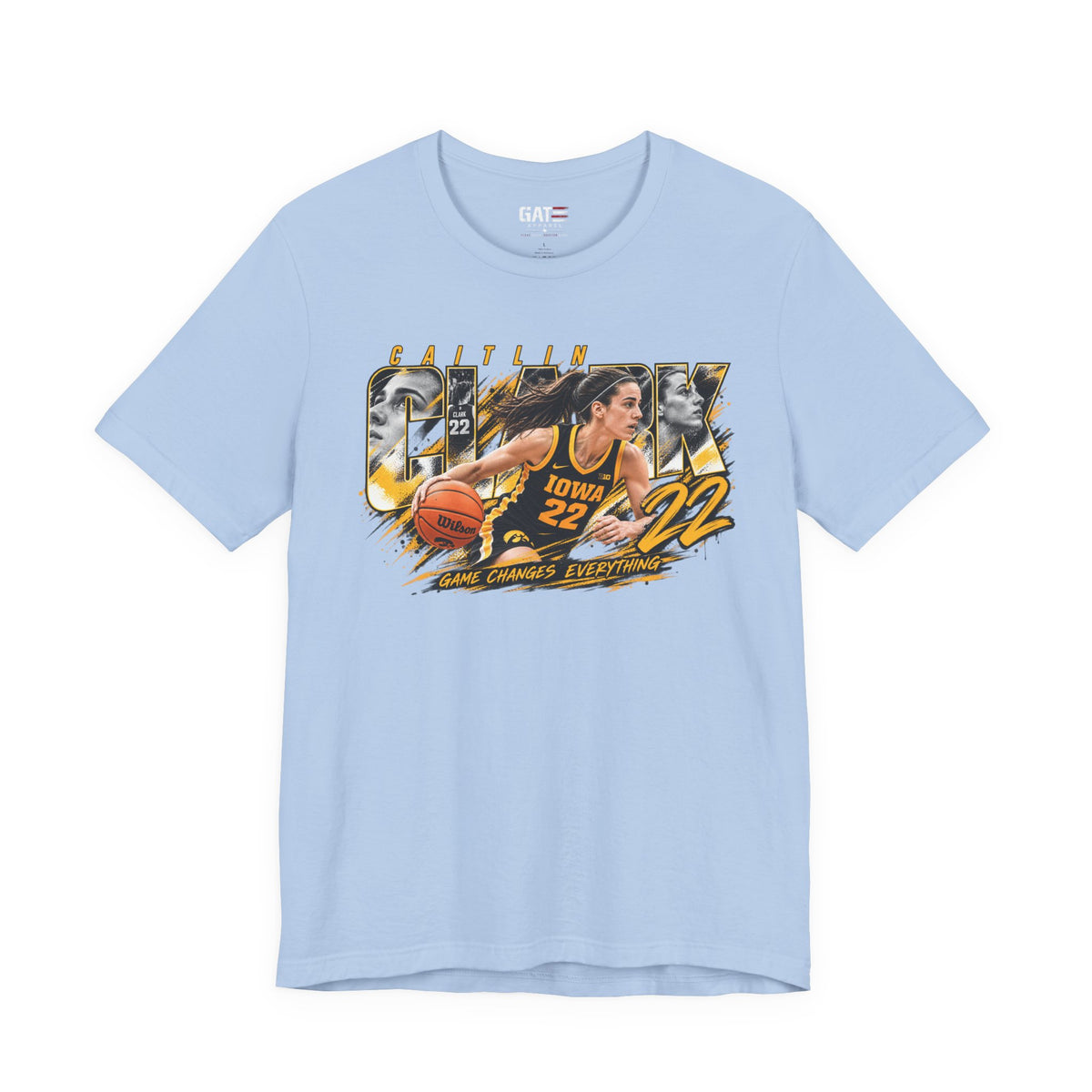 Caitlin Clark basketball player graphic T-shirt, light blue front view