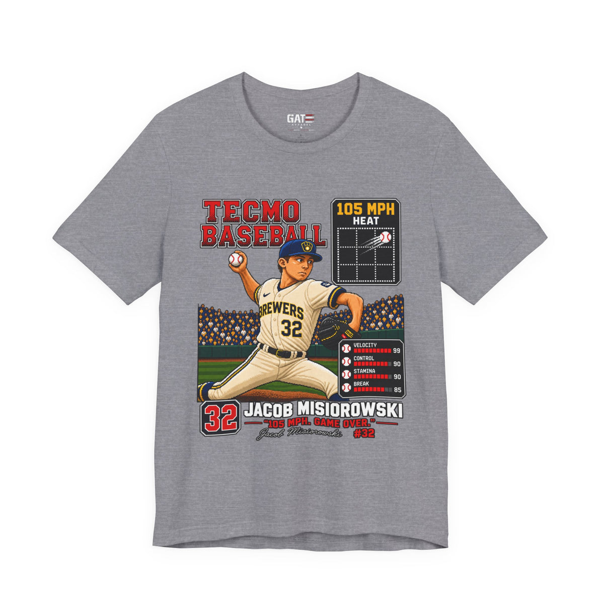 Milwaukee Brewers – Jacob Misiorowski – Tecmo Baseball Pitcher Graphic Tee — #32 Vintage Video Game Style