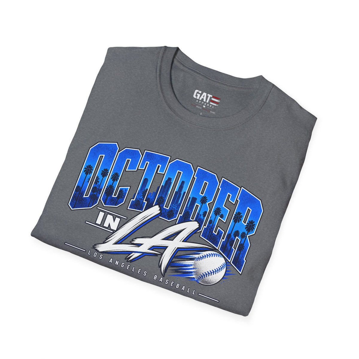 Folded heather grey October in LA baseball graphic T-shirt, print close-up