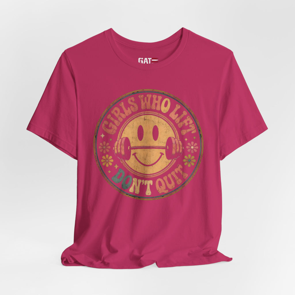 Girls Who Lift Don't Quit Shirt, Retro Smiley Face Gym Tee, Cute Fitness Shirt, Weightlifting Shirt, Workout Gift for Women