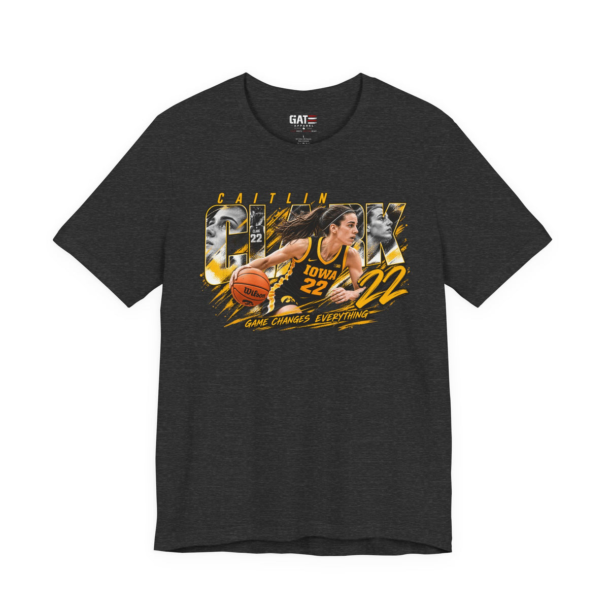 Caitlin Clark basketball player graphic T-shirt, dark heather grey front view