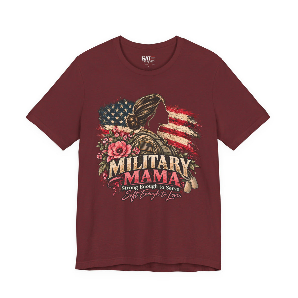 Military Mama Tee — Patriotic Mom Shirt with American Flag & Floral Combat Design