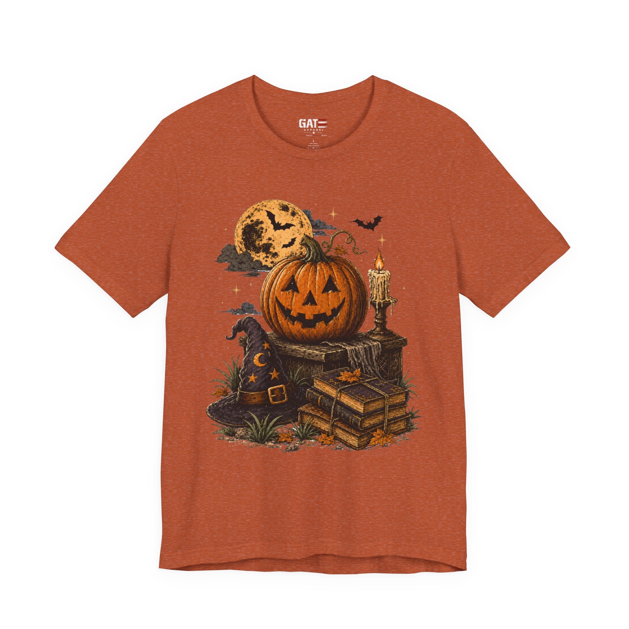 Halloween Pumpkin Stack T‑Shirt — Jack‑O‑Lantern, Books & Moon Graphic Tee