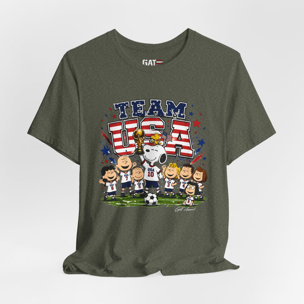 Team USA Soccer Peanuts Gang Shirt Patriotic Snoopy & Friends World Cup Celebration Tee