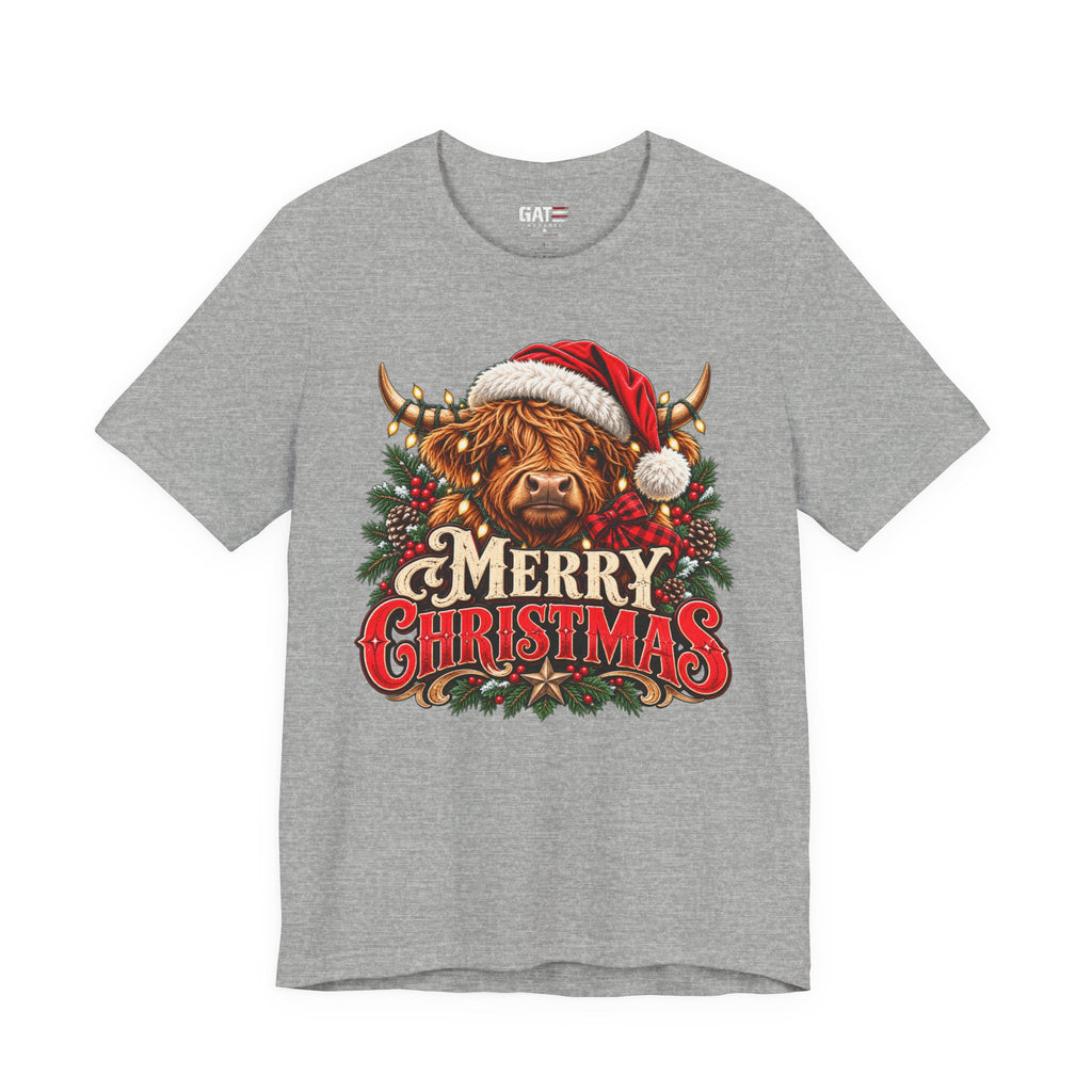 Highland cow Santa hat Merry Christmas graphic T-shirt, heather grey front view