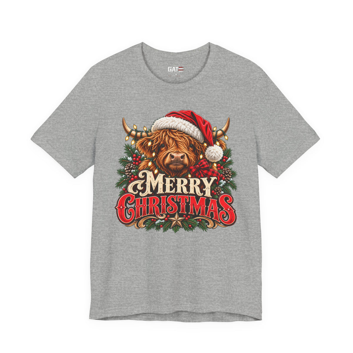 Highland cow Santa hat Merry Christmas graphic T-shirt, heather grey front view