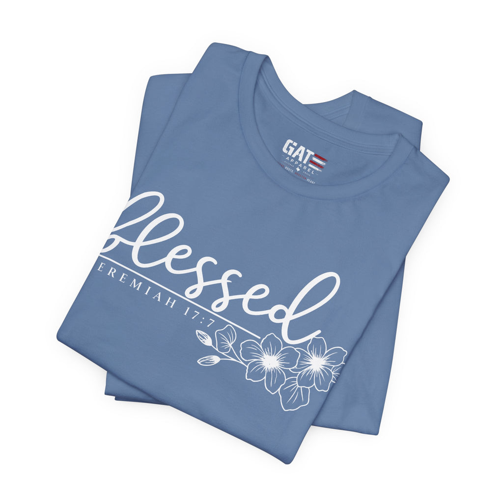 Blessed Floral Tee — 'Blessed' Script T-Shirt with Jeremiah 17:7 Bible Verse