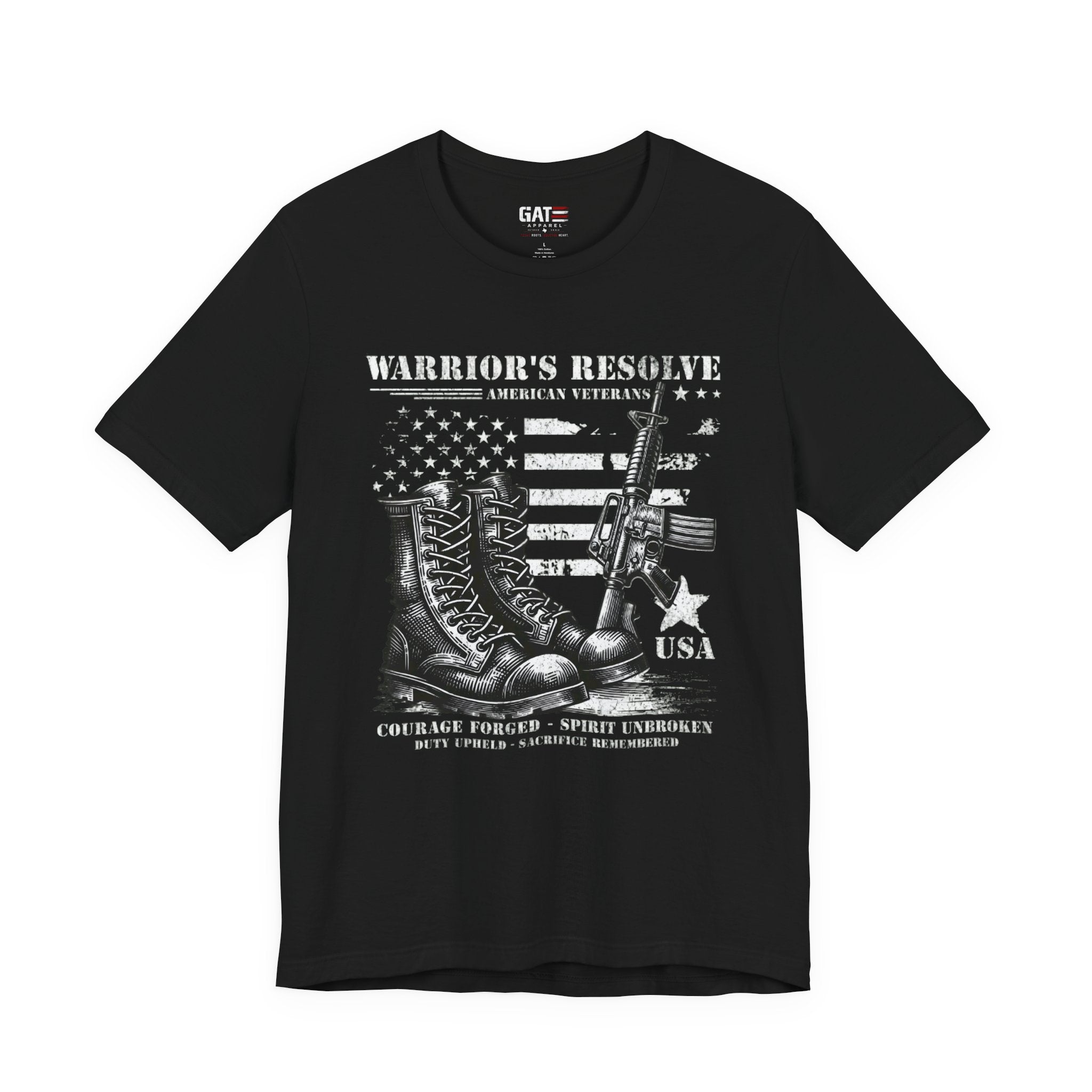 Warrior's Resolve Boots & Flag graphic Tee | Veteran USA Military Shirt