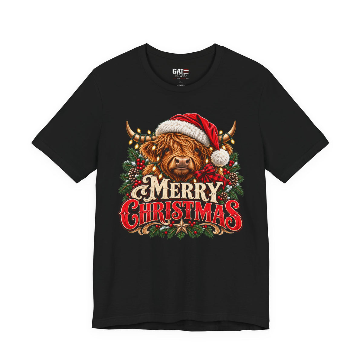 Highland cow Santa hat Merry Christmas graphic T-shirt, black front view