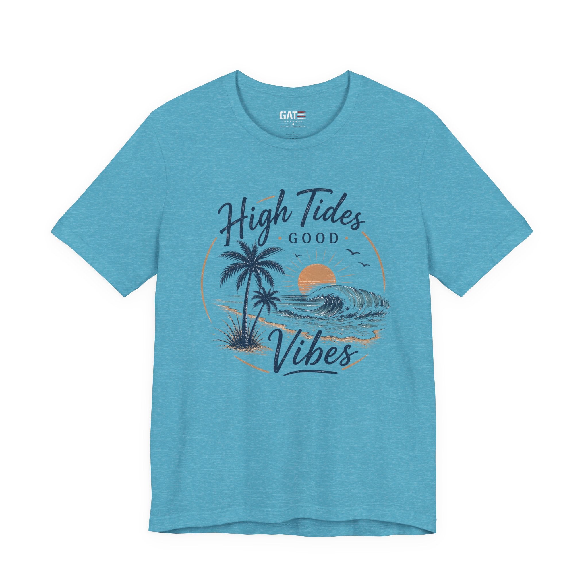 High Tides Good Vibes Beach T-Shirt — Sunset Palm Wave Graphic Tee