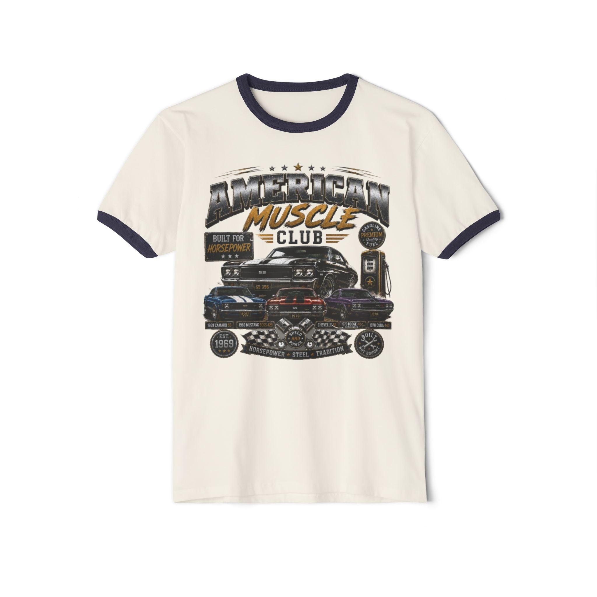 Muscle Car Ringer T-Shirt — "American Muscle Club" Vintage Auto Graphic