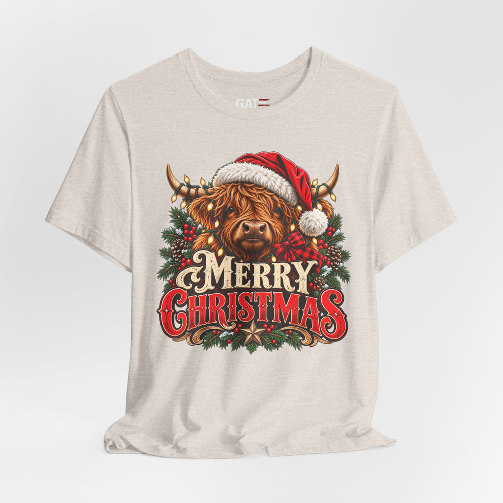 light beige Highland cow Santa hat Merry Christmas graphic T-shirt, styled front view