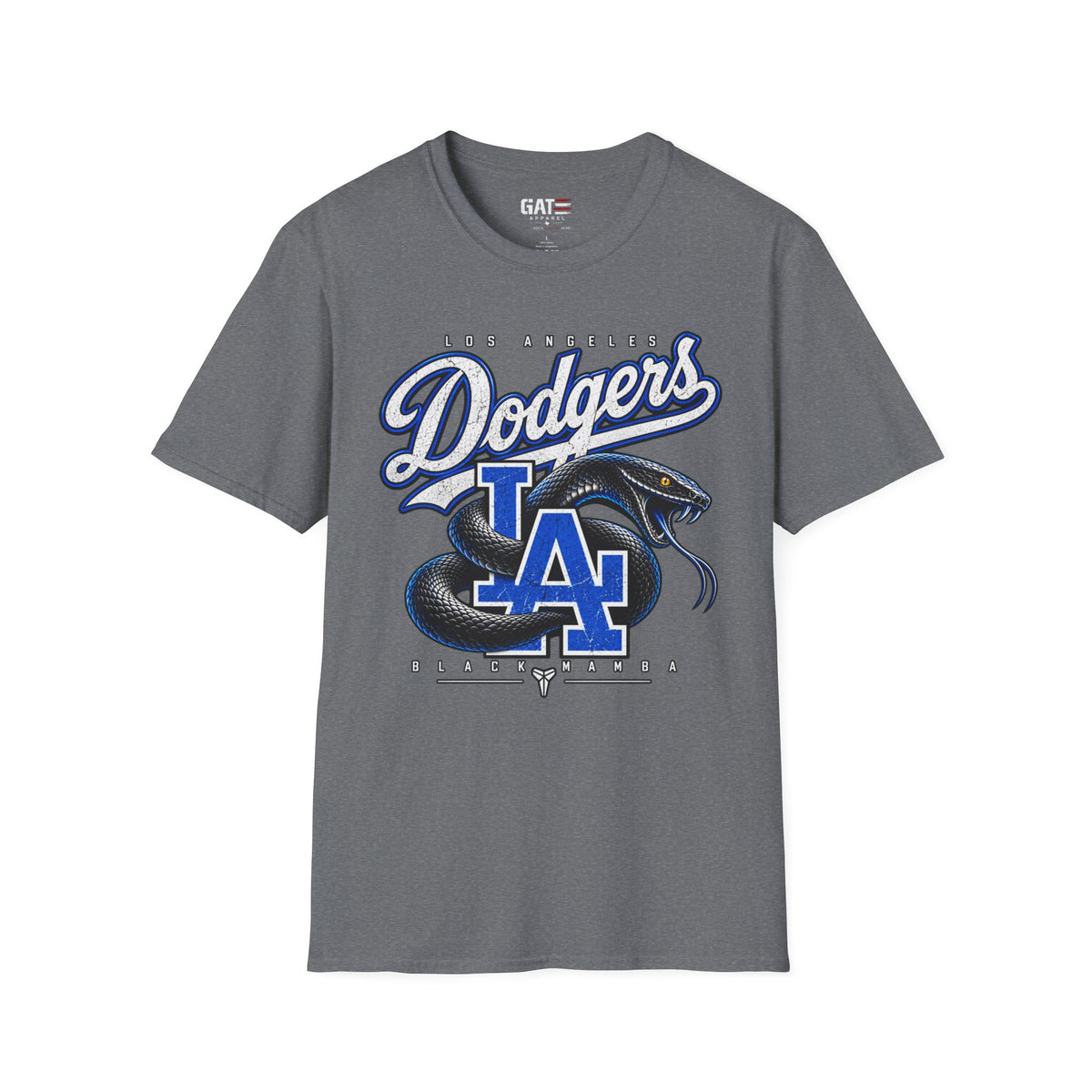 Kobe Bryant Black Mamba Dodgers LA tribute T-shirt, heather grey front view