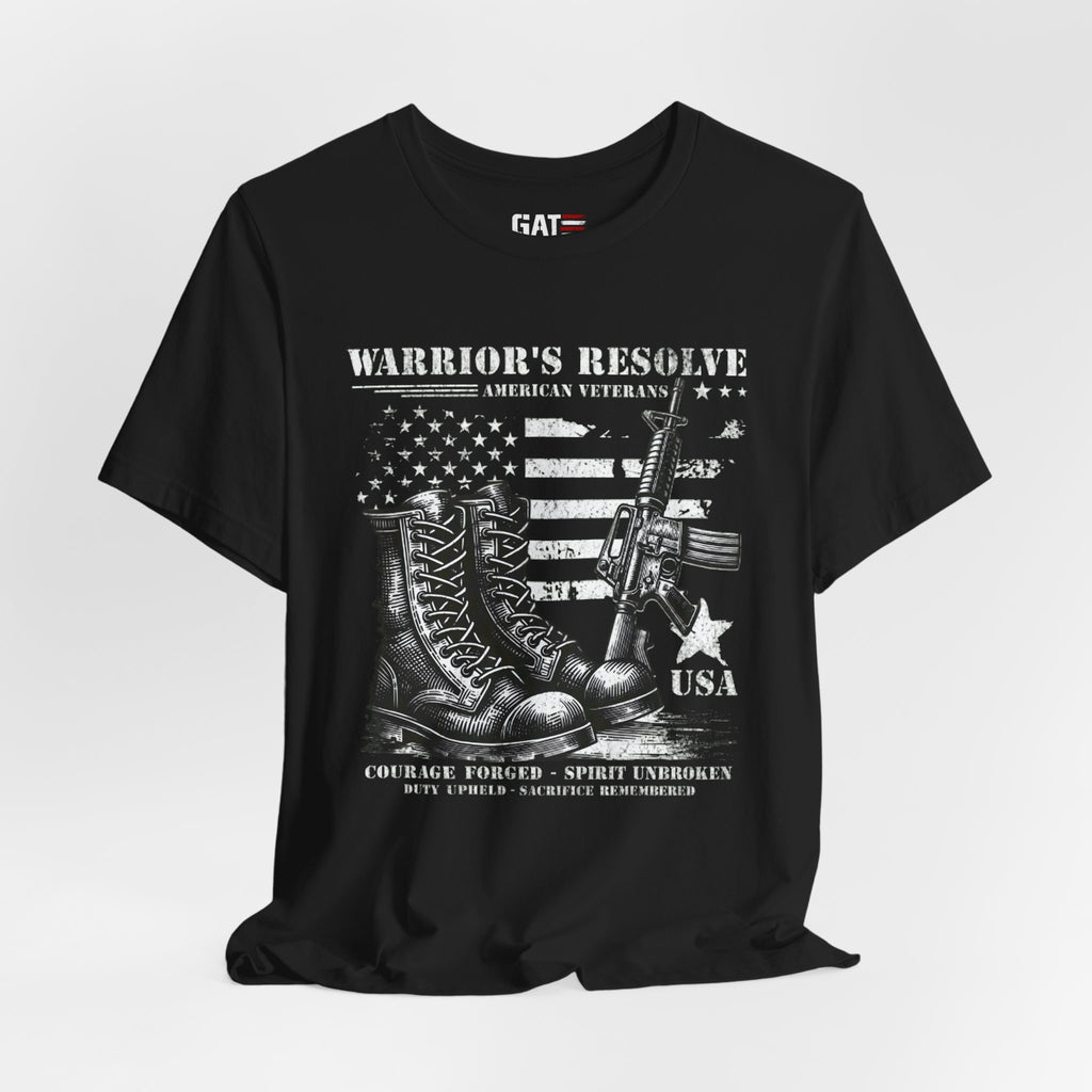 Warrior's Resolve Boots & Flag graphic Tee | Veteran USA Military Shirt