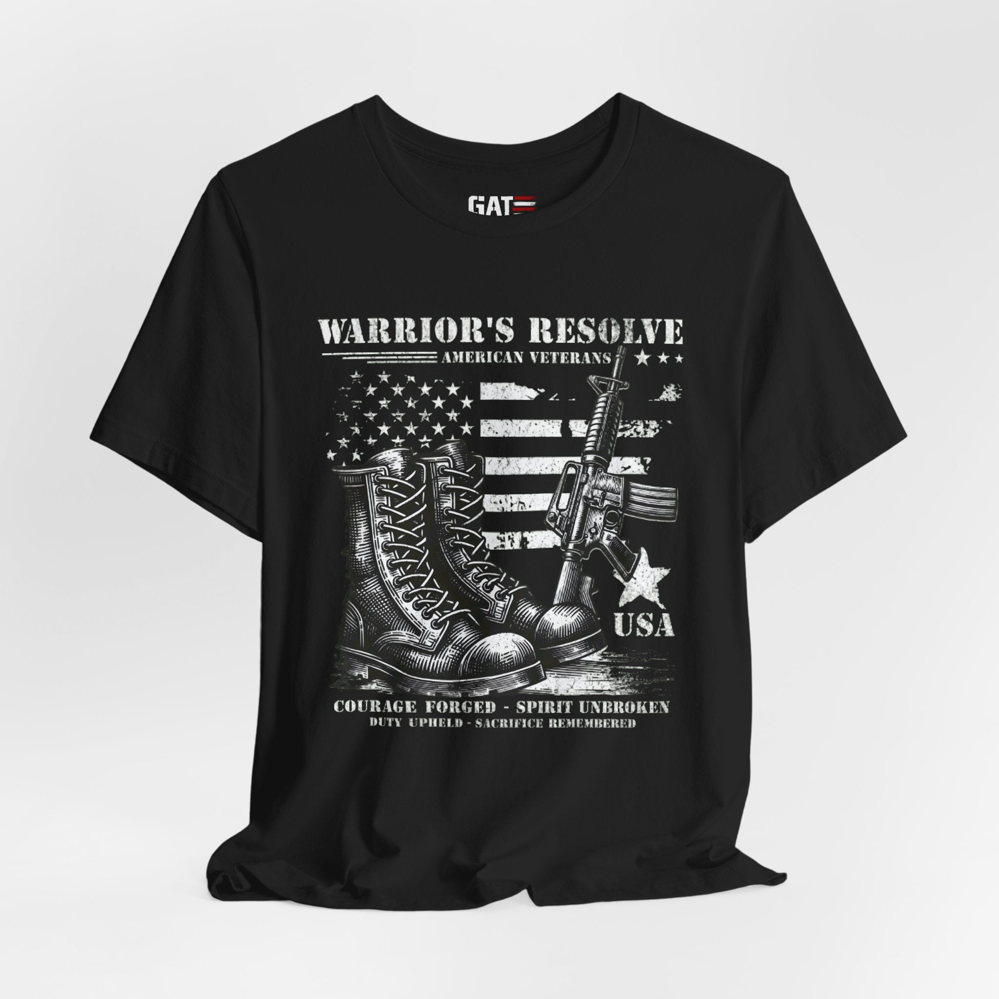 Warrior's Resolve Boots & Flag graphic Tee | Veteran USA Military Shirt