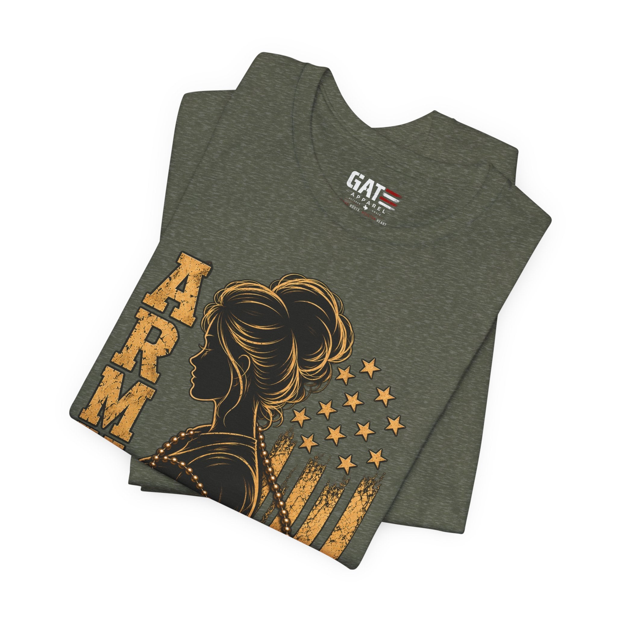 Female Army Vet Tee – Proud Military Mom Shirt with Dog Tags & American Flag