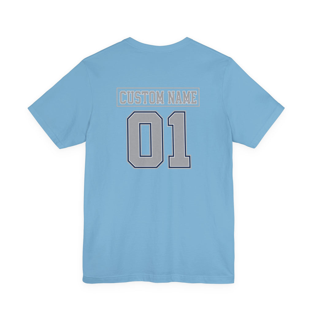 Custom Name and Number Shirt, Personalized Dallas Football Fan Tee, Blue and Silver Jersey Style Back Design