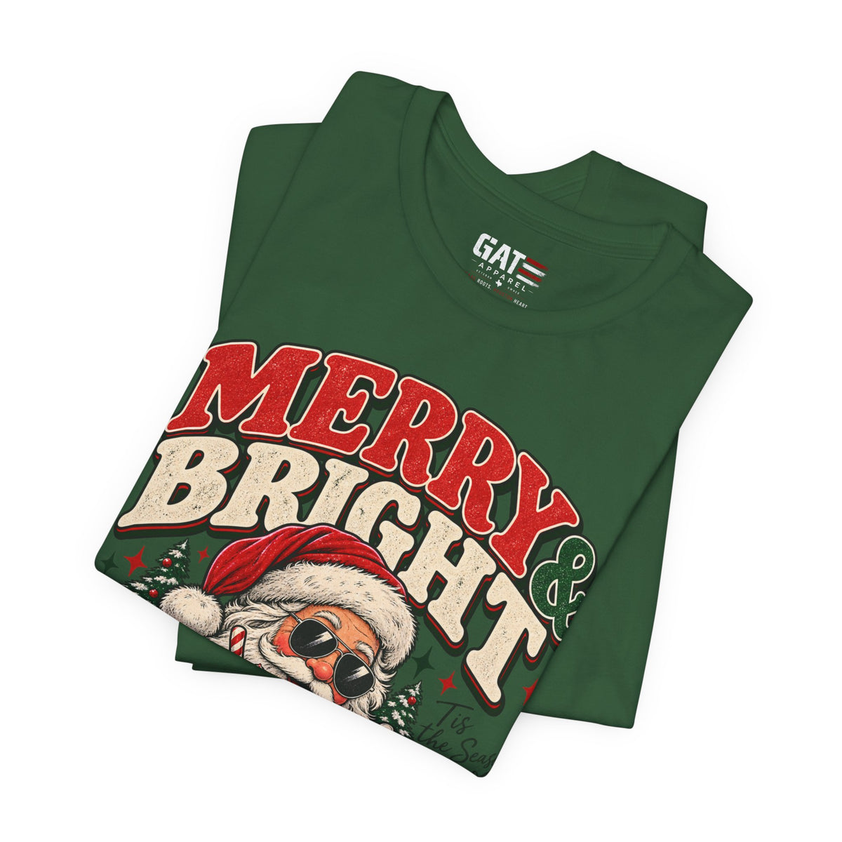 Merry & Bright Santa Tee – Retro Christmas Short Sleeve Shirt