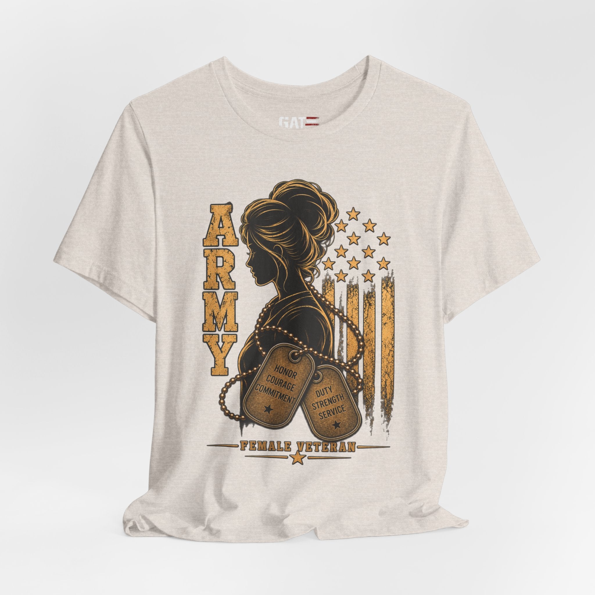 Female Army Vet Tee – Proud Military Mom Shirt with Dog Tags & American Flag